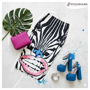 Zebra Print Midi Skirt Black and White Y2K